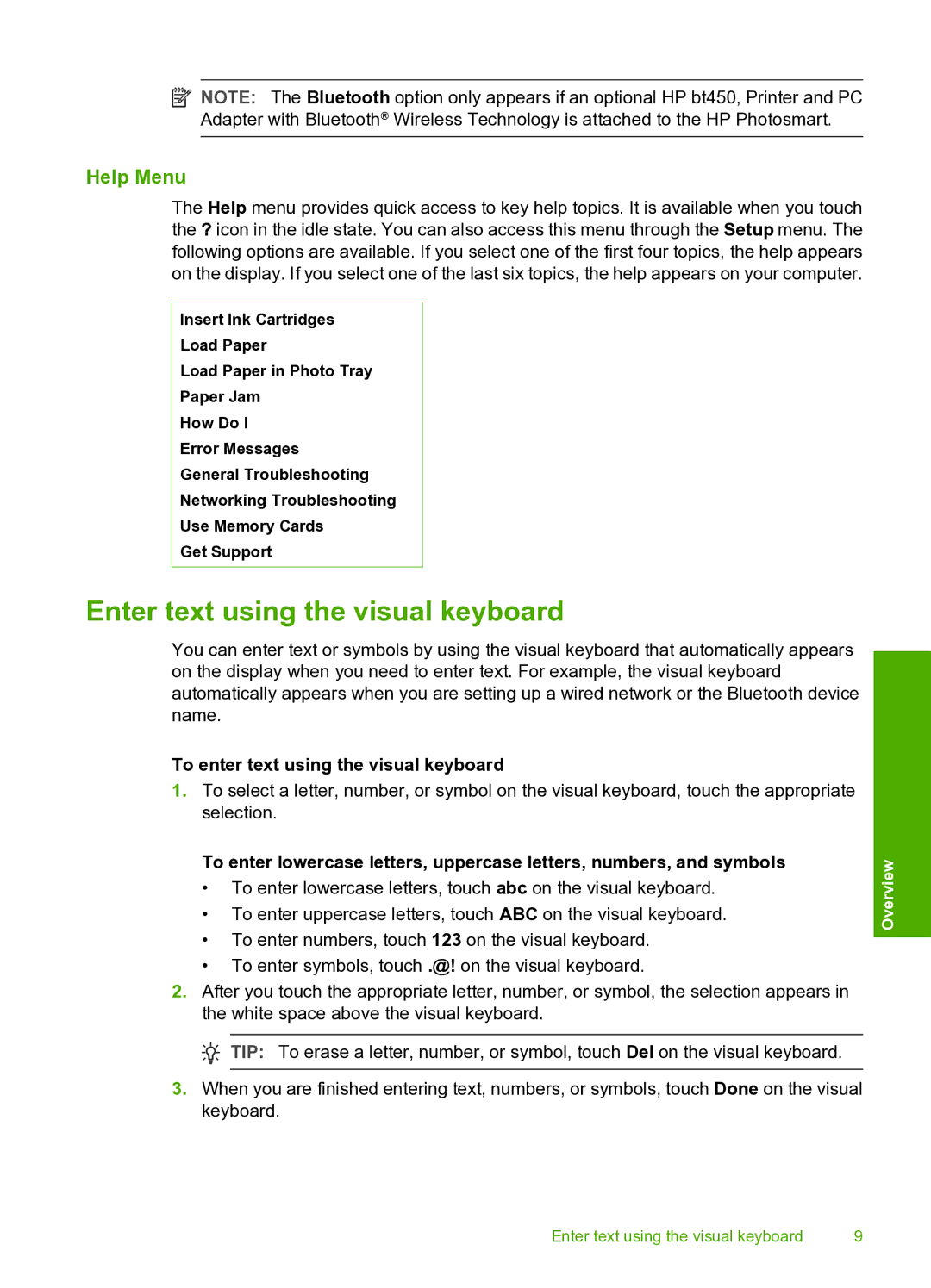 HP D7200 manual Enter text using the visual keyboard, Help Menu, To enter text using the visual keyboard 