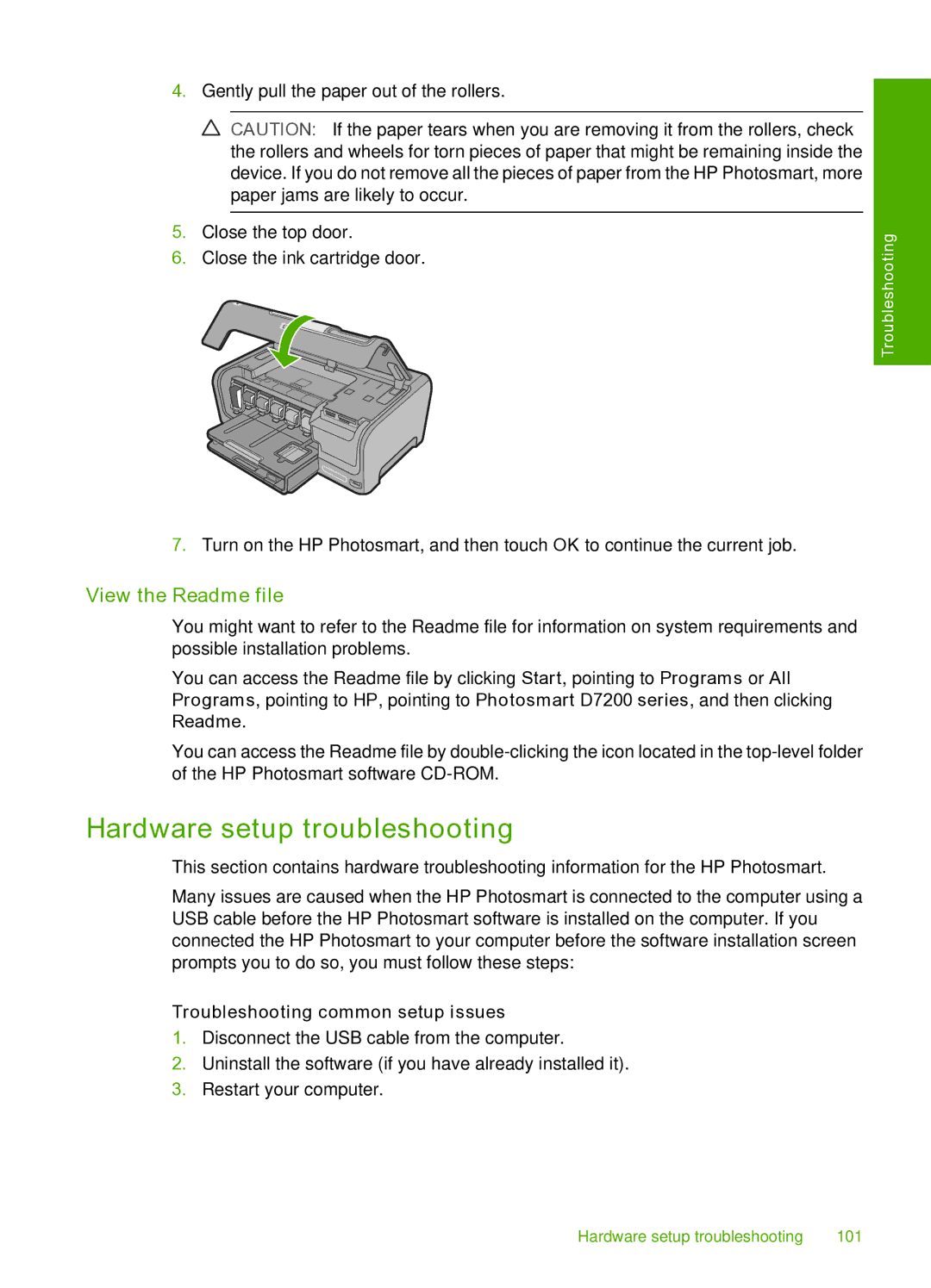 HP D7200 manual Hardware setup troubleshooting, View the Readme file, Troubleshooting common setup issues 