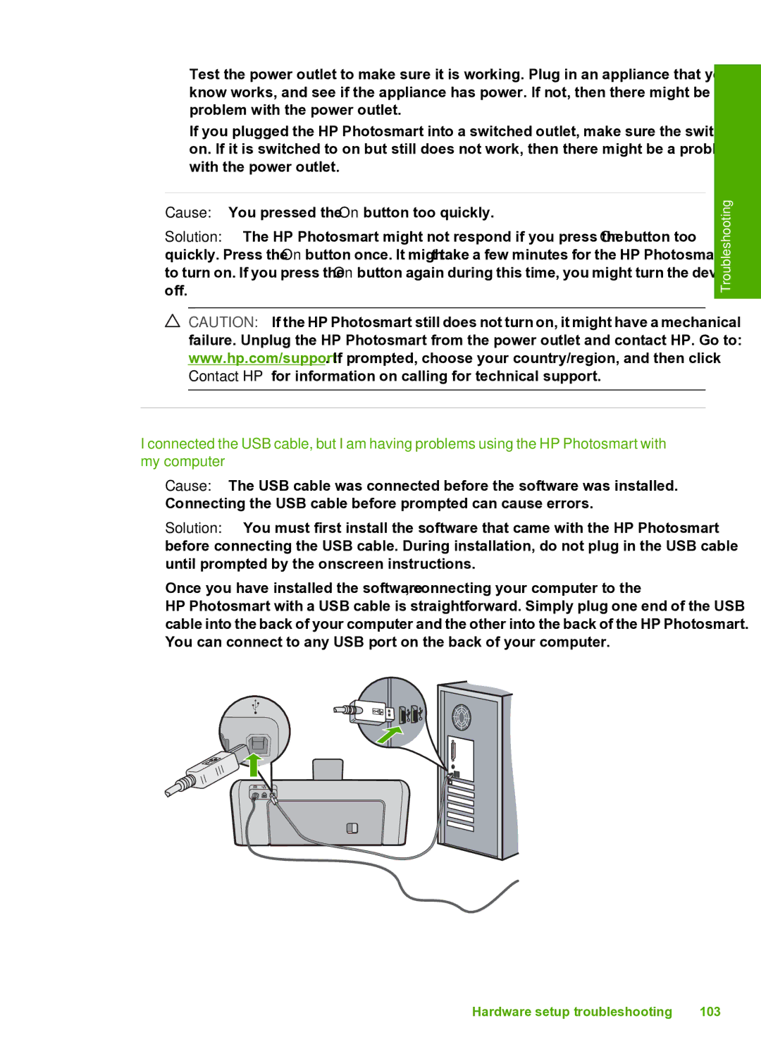 HP D7200 manual Hardware setup troubleshooting 103 