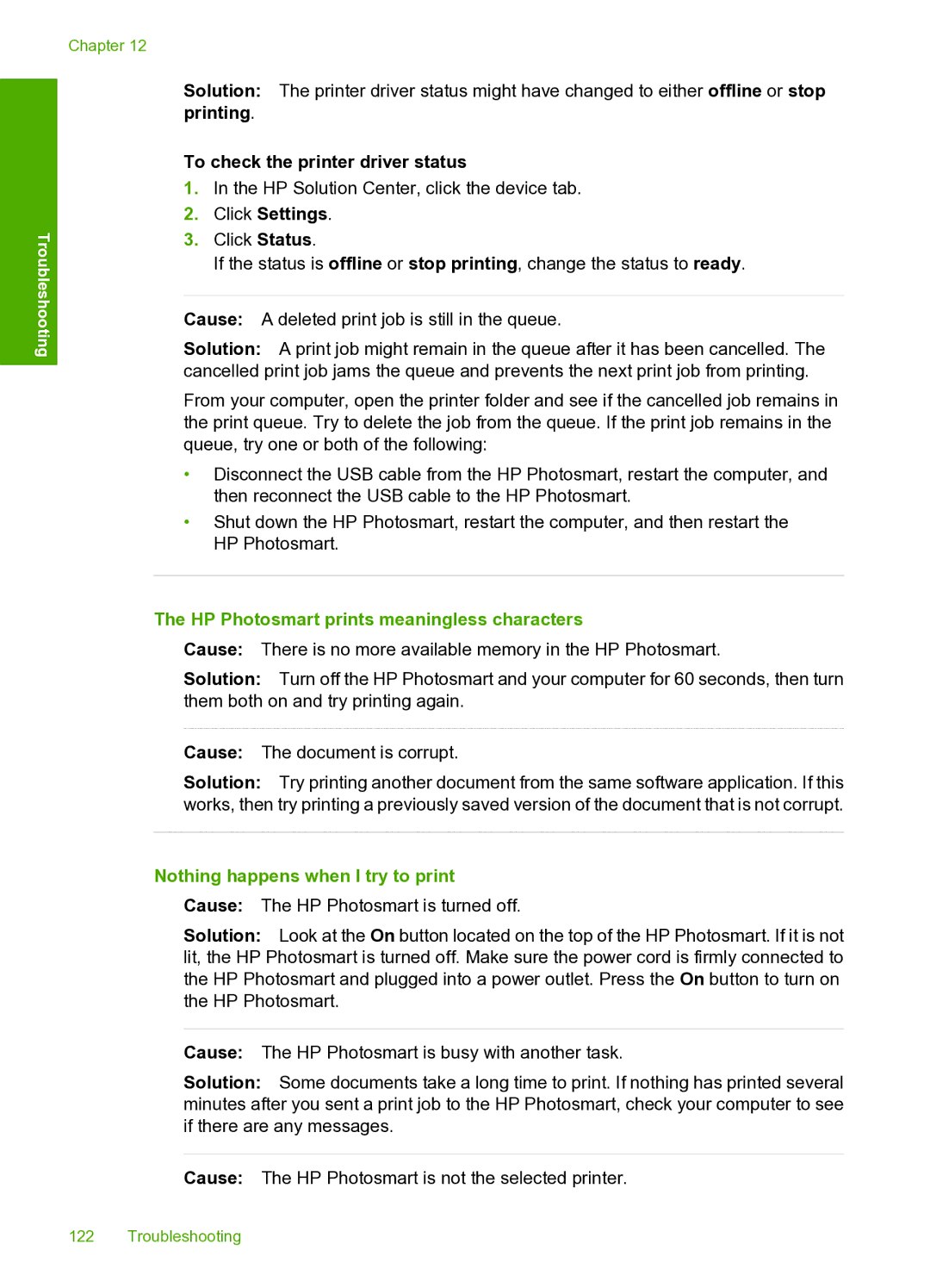 HP D7200 manual To check the printer driver status, Click Settings, HP Photosmart prints meaningless characters 