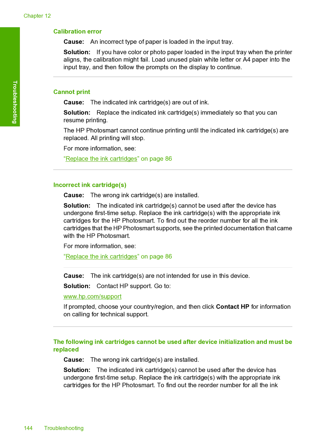 HP D7200 manual Calibration error, Cannot print, Incorrect ink cartridges 