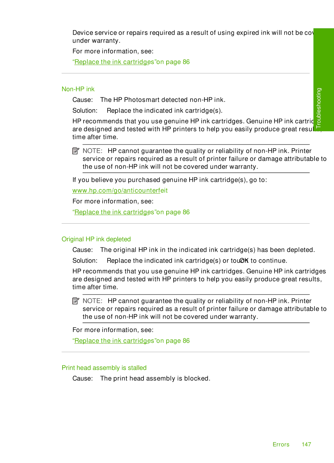 HP D7200 manual Non-HP ink, Original HP ink depleted, Print head assembly is stalled 