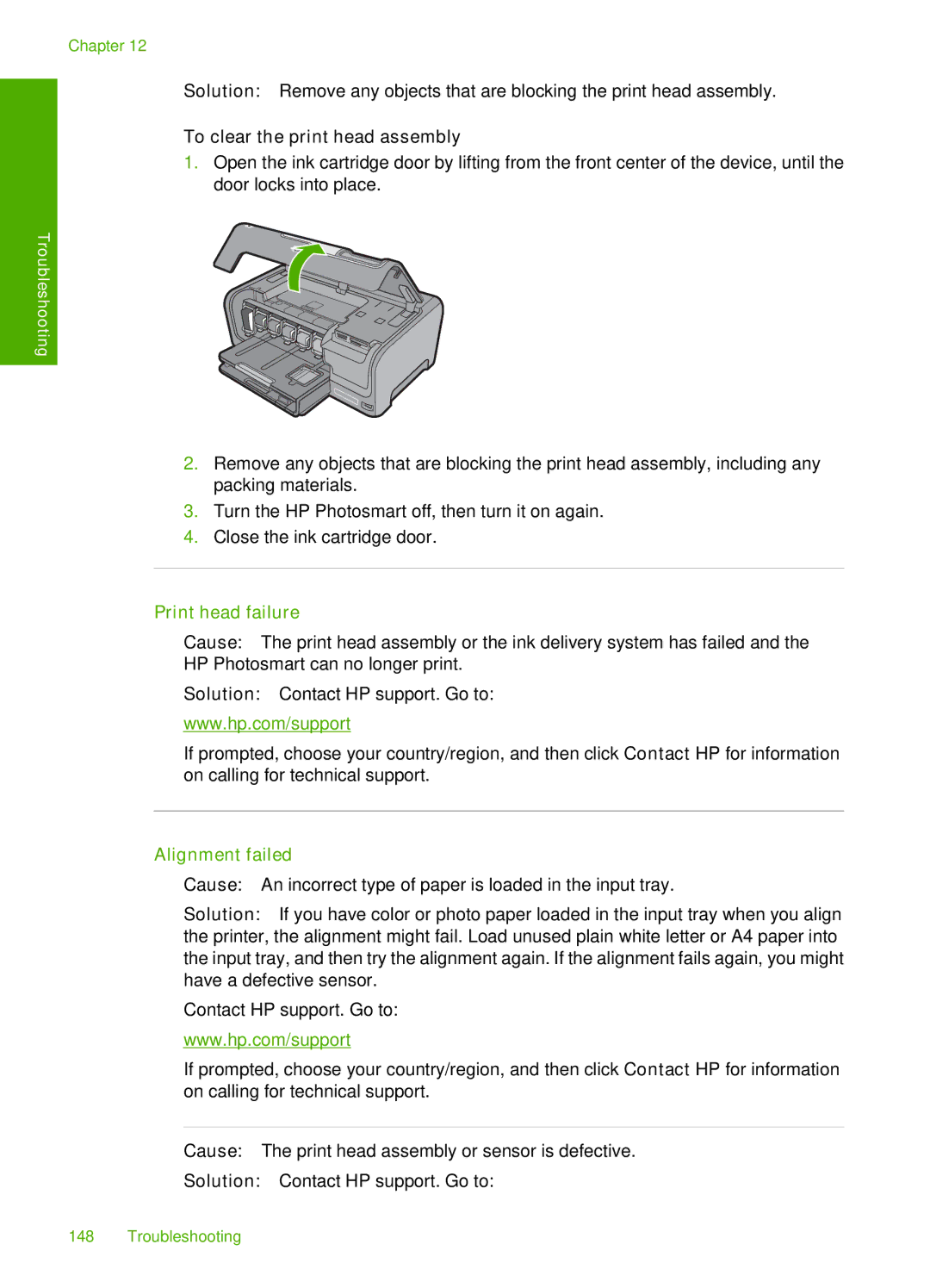 HP D7200 manual To clear the print head assembly, Print head failure, Alignment failed 