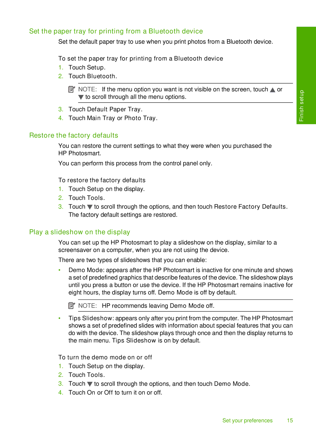 HP D7200 manual Set the paper tray for printing from a Bluetooth device, Restore the factory defaults 