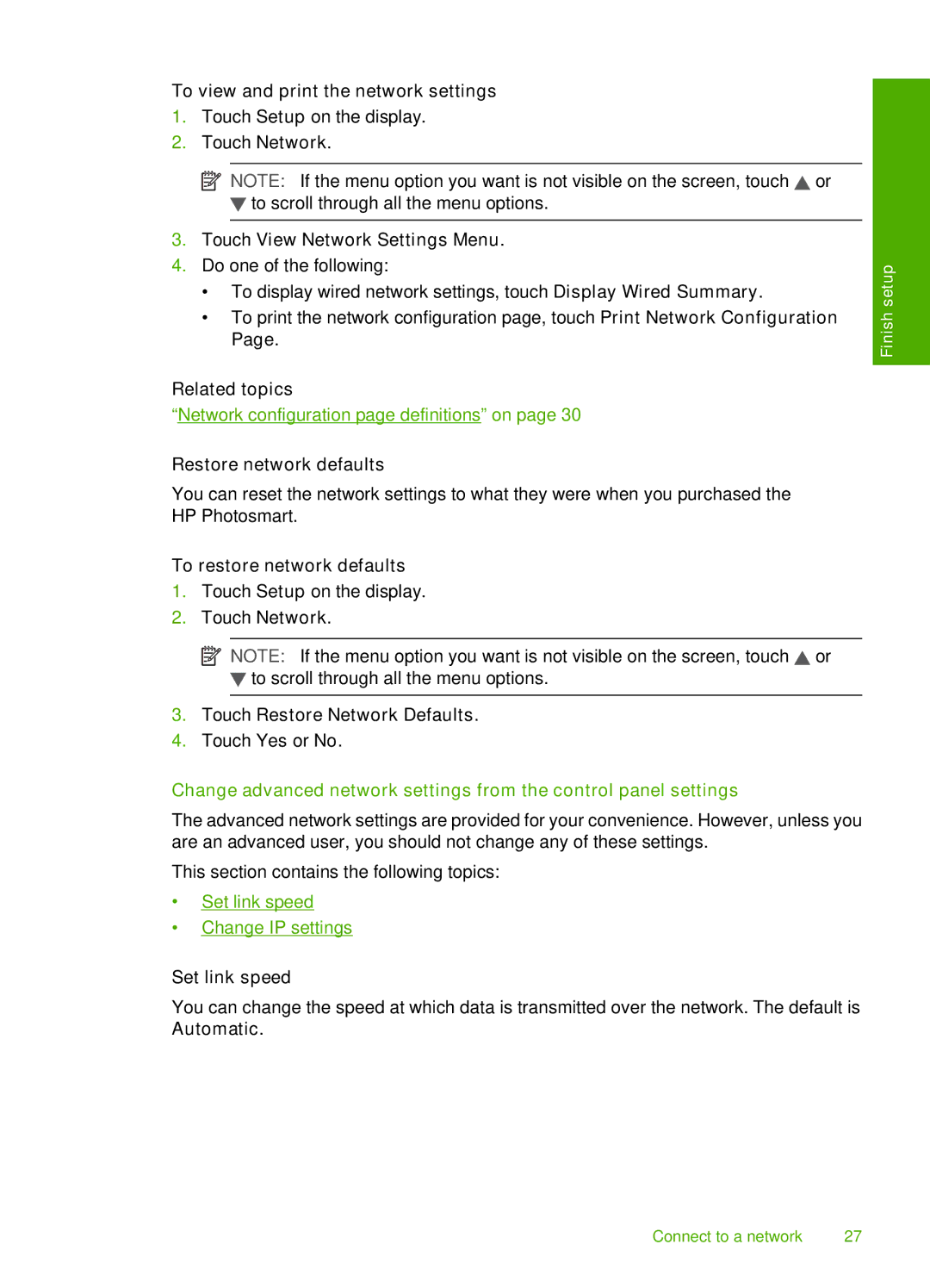 HP D7200 manual To view and print the network settings, Touch View Network Settings Menu, Restore network defaults 