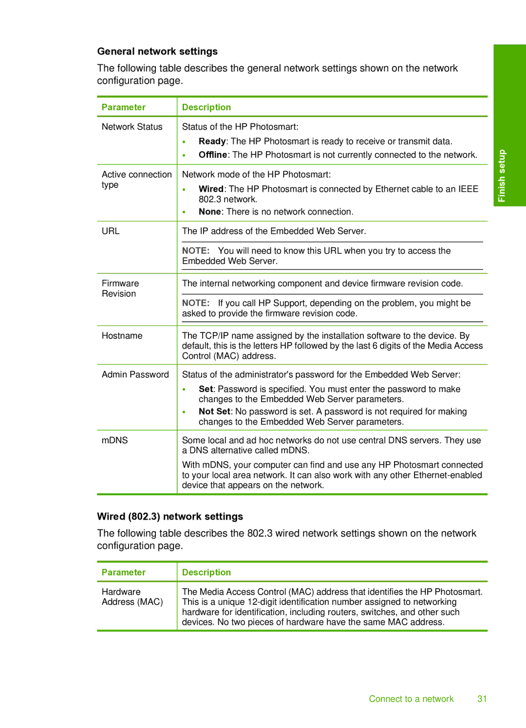 HP D7200 manual General network settings, Wired 802.3 network settings 