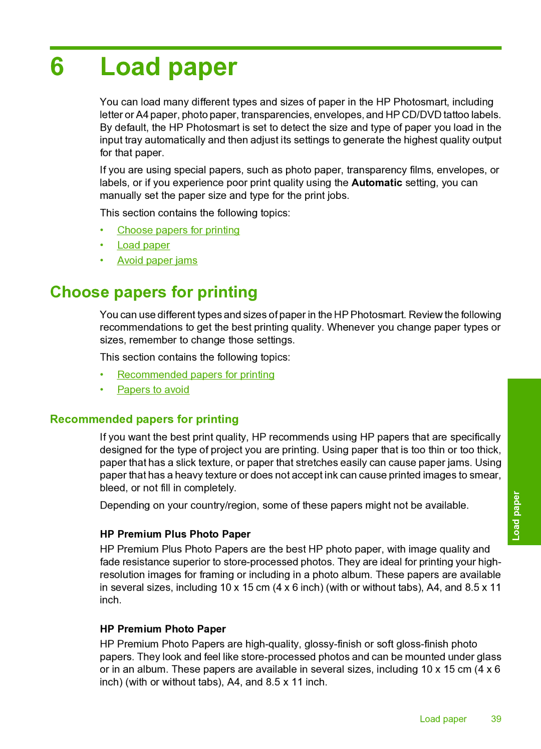 HP D7200 manual Load paper, Choose papers for printing, Recommended papers for printing, HP Premium Plus Photo Paper 