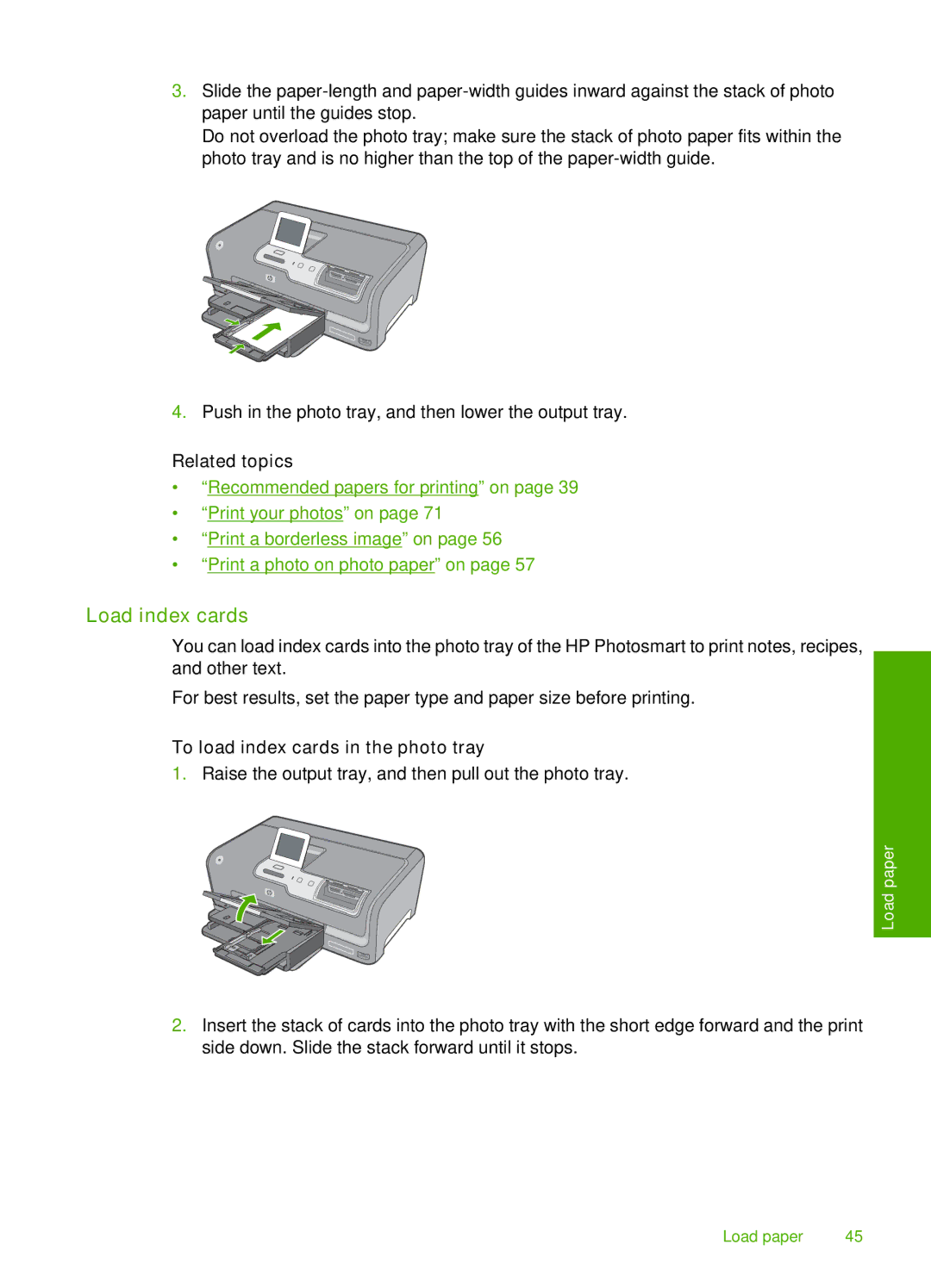 HP D7200 manual Load index cards, To load index cards in the photo tray 