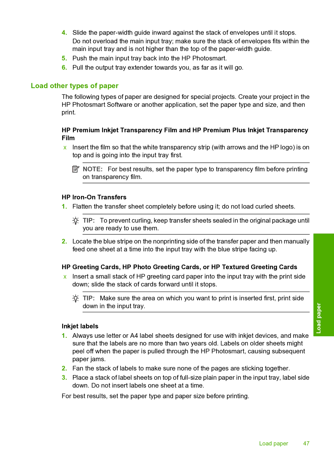 HP D7200 manual Load other types of paper, Inkjet labels 