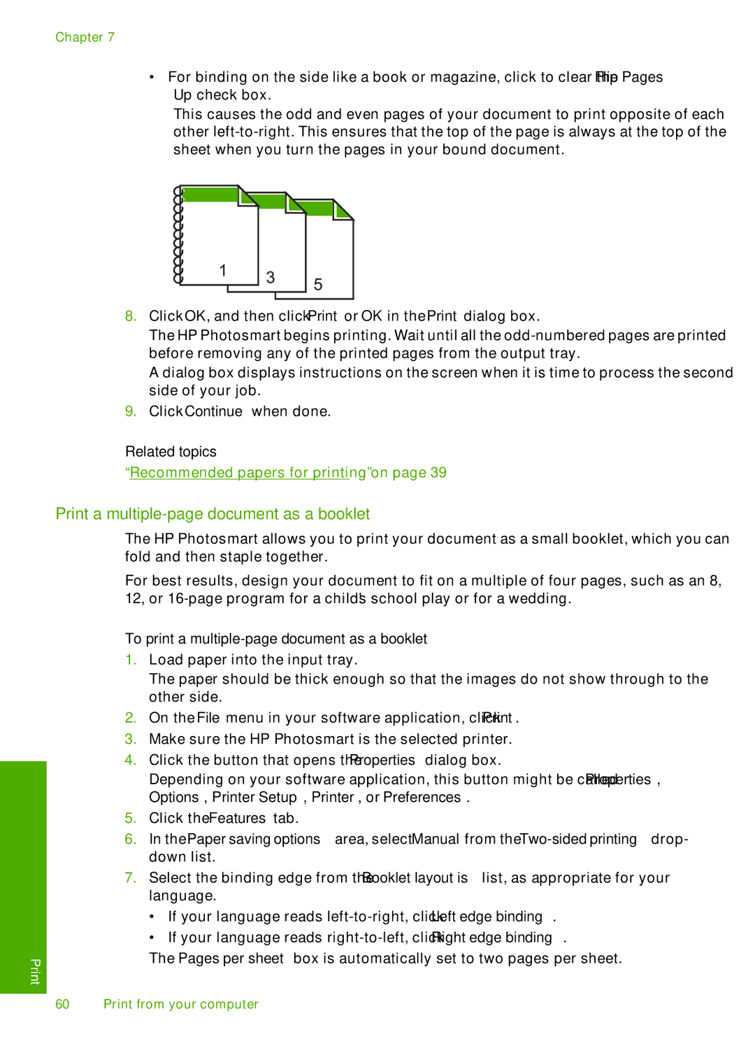 HP D7200 manual Print a multiple-page document as a booklet, To print a multiple-page document as a booklet 