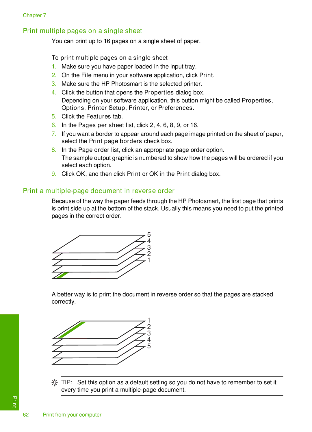 HP D7200 manual Print multiple pages on a single sheet, Print a multiple-page document in reverse order 