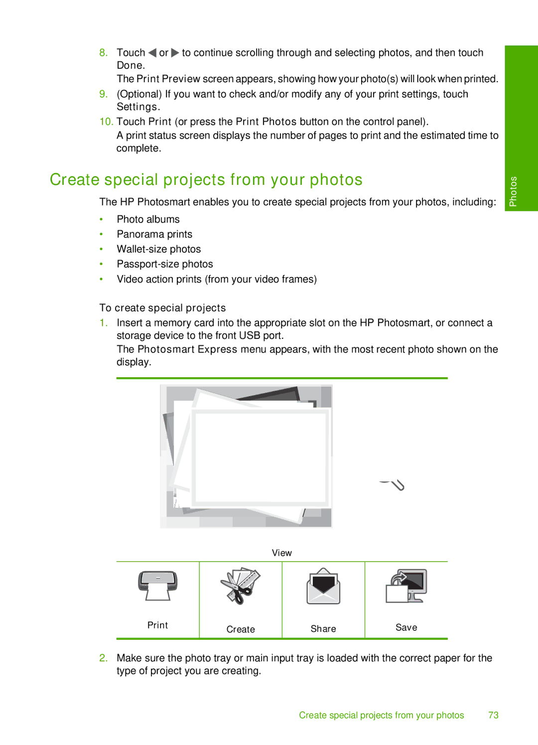 HP D7200 manual Create special projects from your photos, To create special projects 