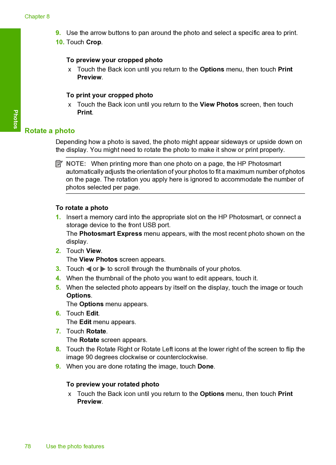 HP D7200 manual Rotate a photo, To preview your cropped photo, To print your cropped photo, To rotate a photo 