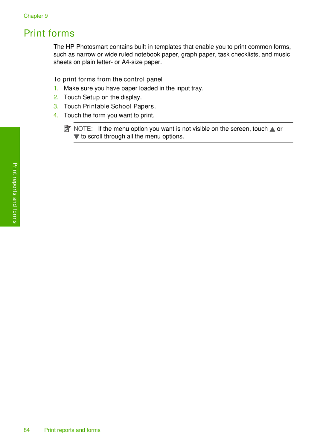 HP D7200 manual Print forms, To print forms from the control panel, Touch Printable School Papers 