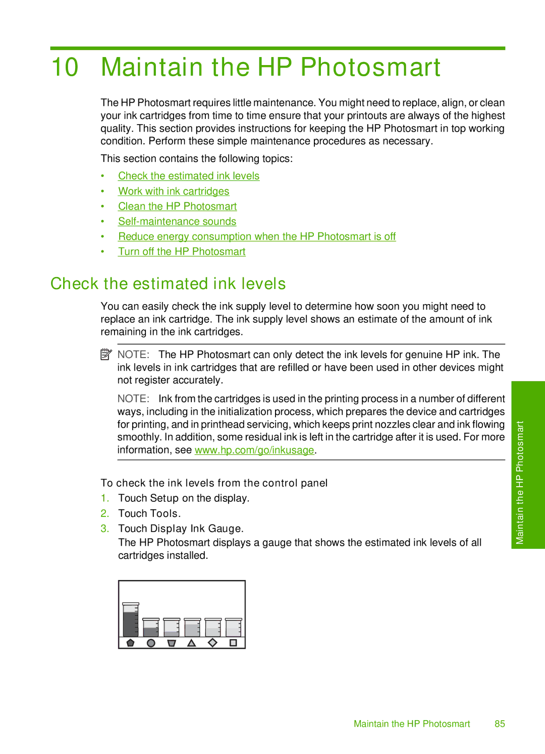 HP D7200 manual Maintain the HP Photosmart, Check the estimated ink levels, To check the ink levels from the control panel 