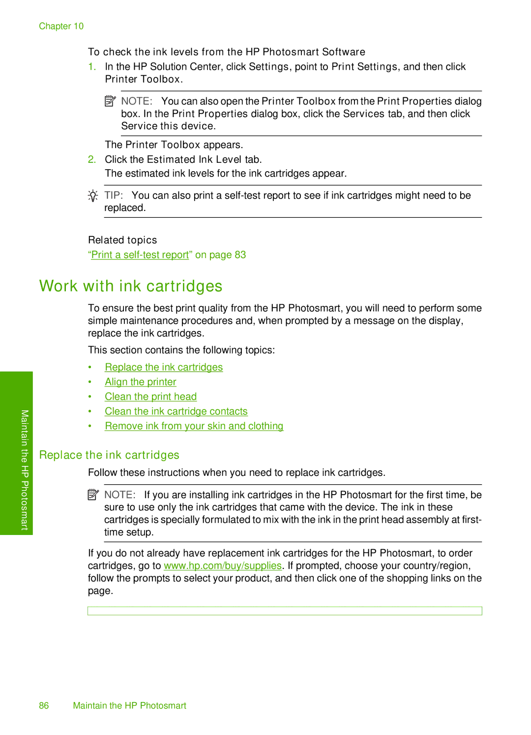 HP D7200 Work with ink cartridges, Replace the ink cartridges, To check the ink levels from the HP Photosmart Software 