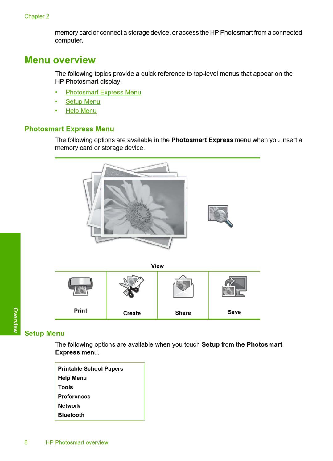 HP D7200 manual Menu overview, Photosmart Express Menu, Setup Menu 