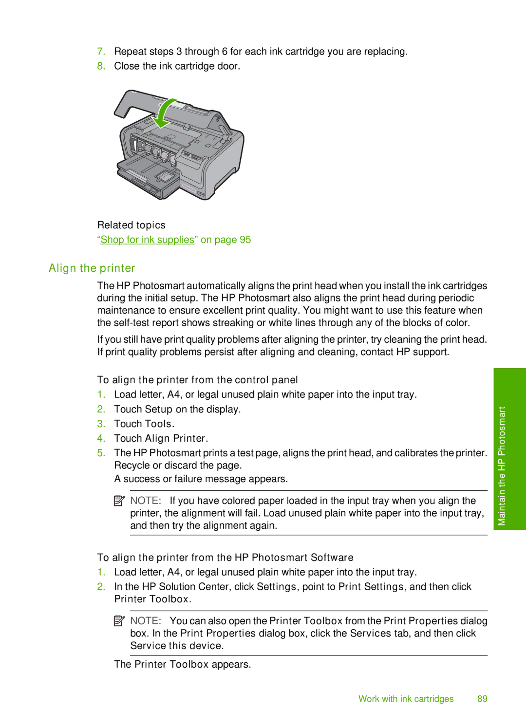 HP D7200 Align the printer, To align the printer from the control panel, Touch Align Printer, Printer Toolbox appears 