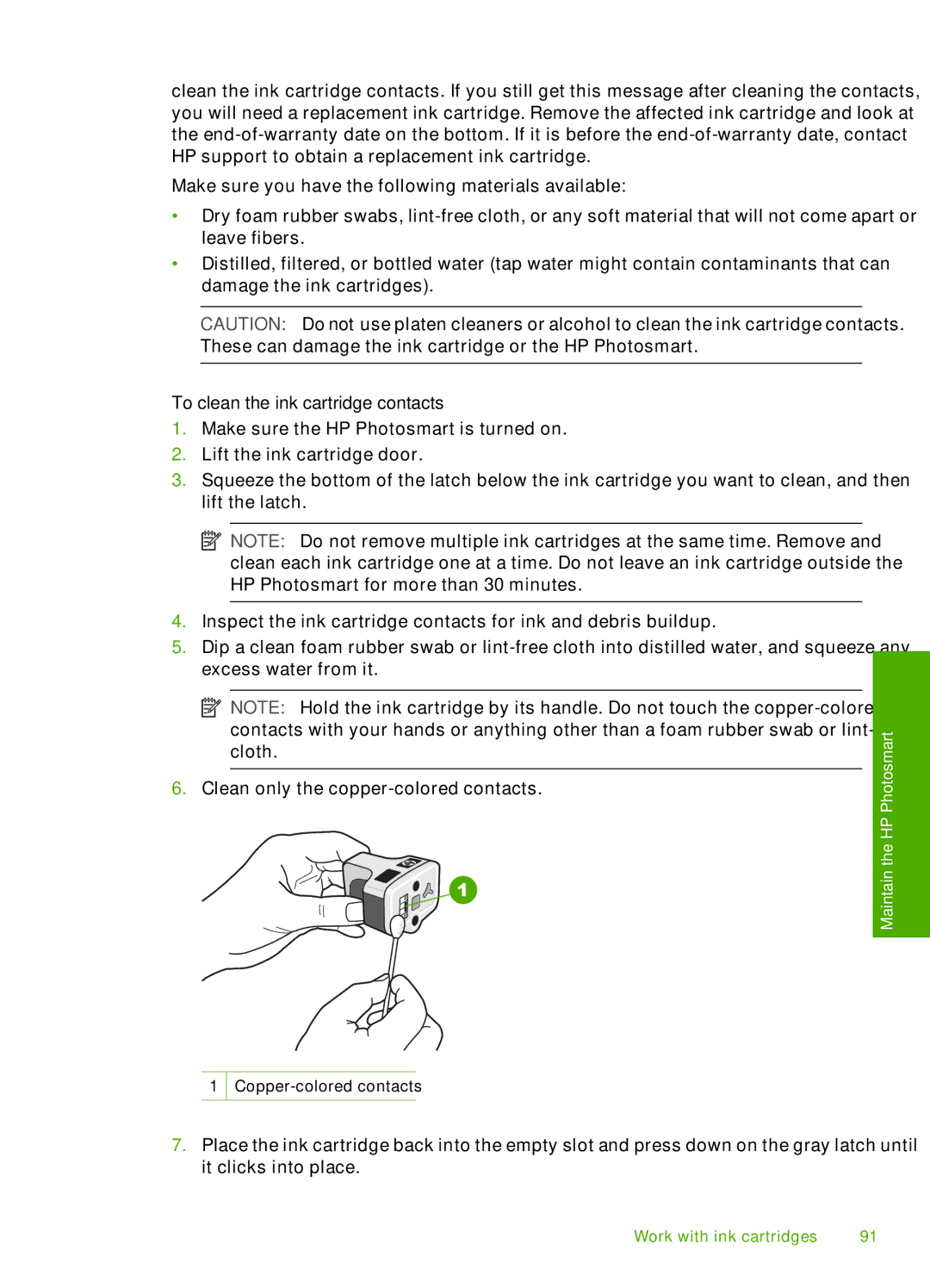 HP D7200 manual To clean the ink cartridge contacts 