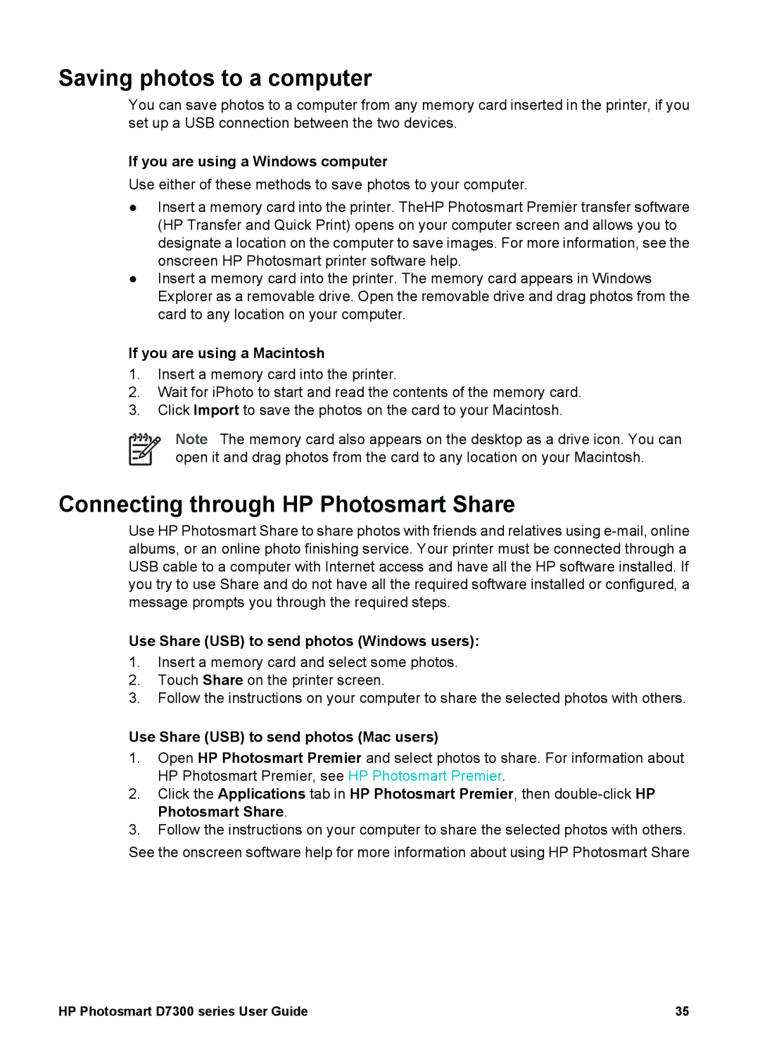 HP D7300 manual Saving photos to a computer, Connecting through HP Photosmart Share 