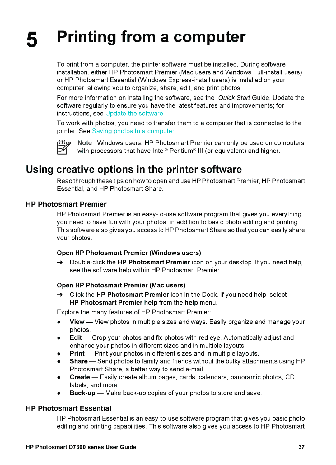 HP D7300 Printing from a computer, Using creative options in the printer software, Open HP Photosmart Premier Mac users 