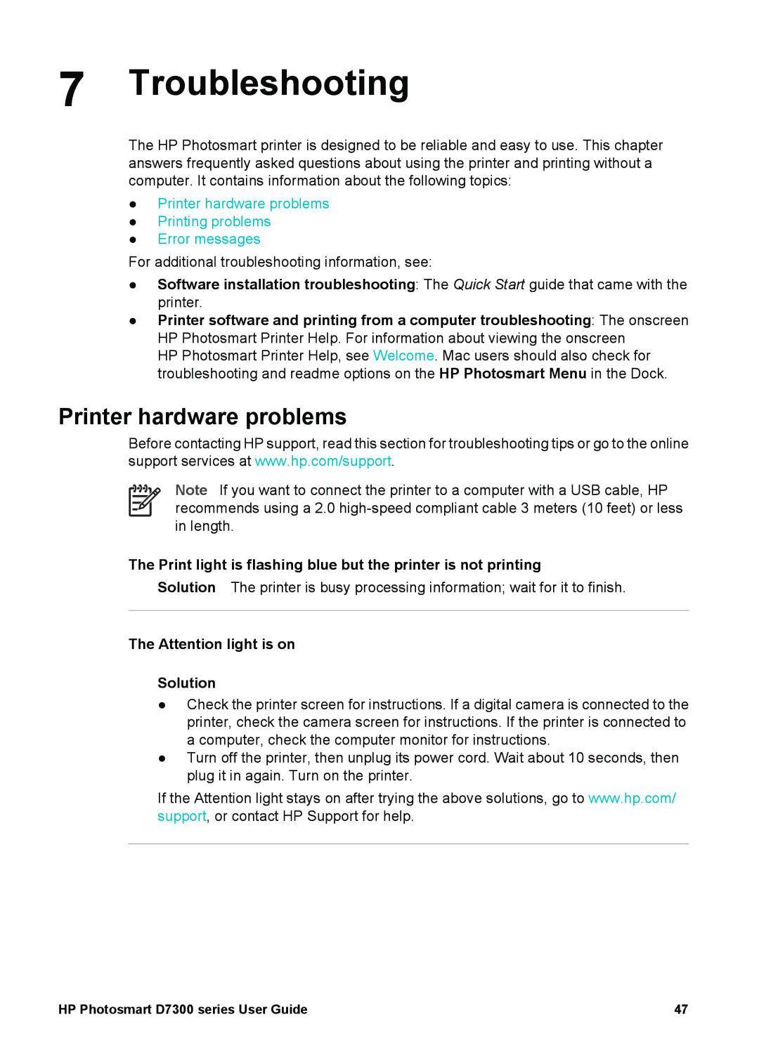 HP D7300 manual Troubleshooting, Printer hardware problems, Solution 