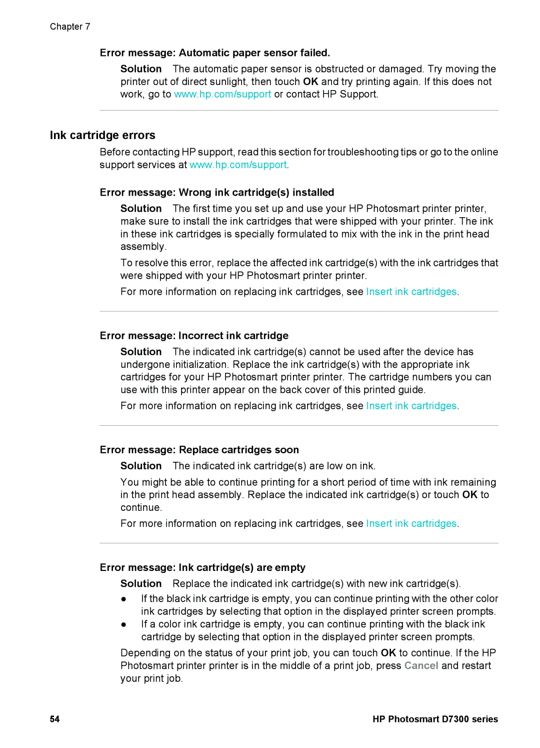 HP D7300 manual Ink cartridge errors 