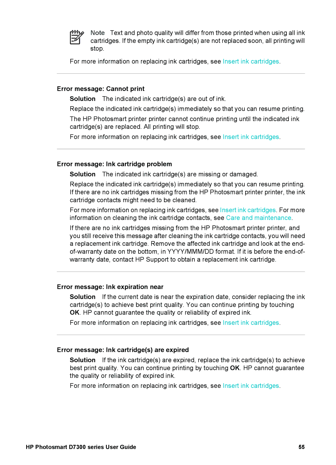 HP D7300 manual Error message Cannot print, Error message Ink cartridge problem, Error message Ink expiration near 