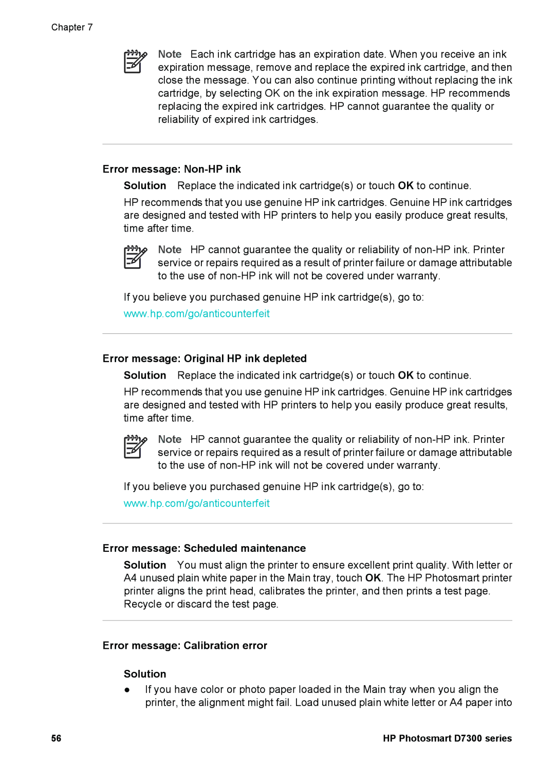 HP D7300 manual Error message Non-HP ink, Error message Original HP ink depleted, Error message Scheduled maintenance 