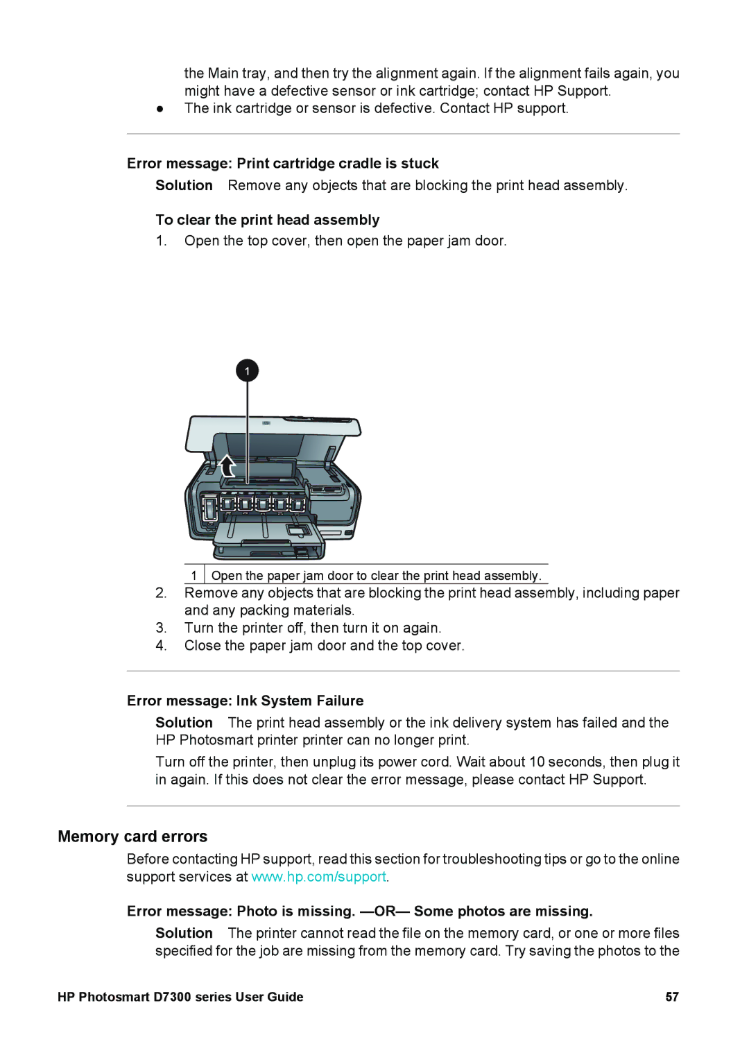 HP D7300 manual Memory card errors, Error message Print cartridge cradle is stuck, To clear the print head assembly 