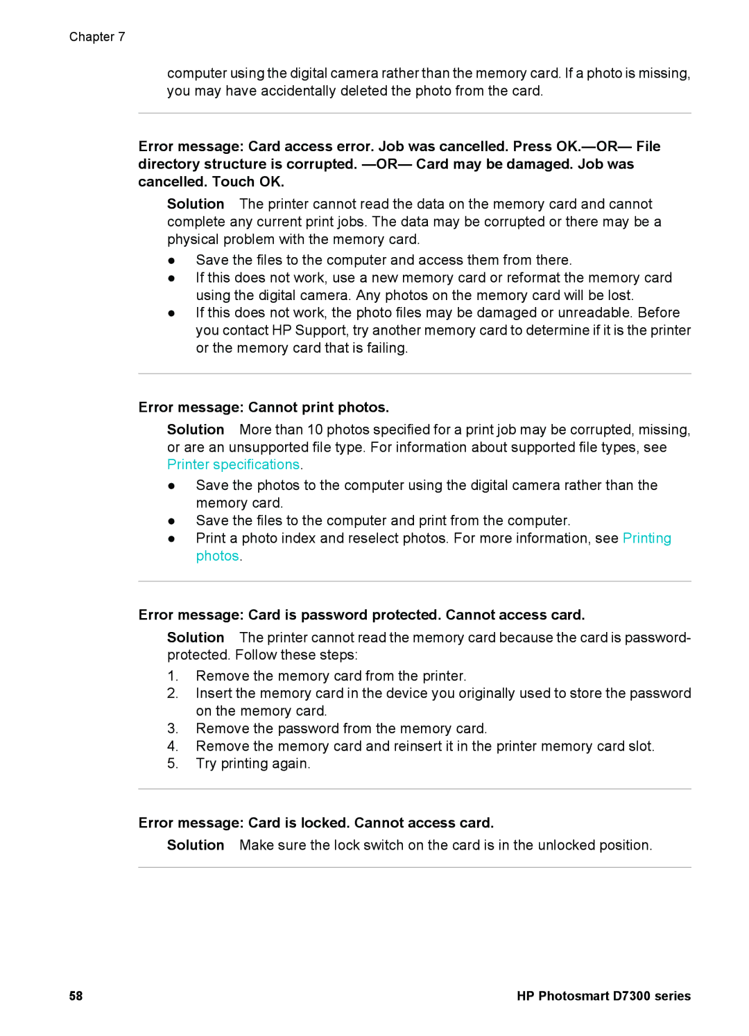 HP D7300 manual Error message Cannot print photos, Error message Card is locked. Cannot access card 