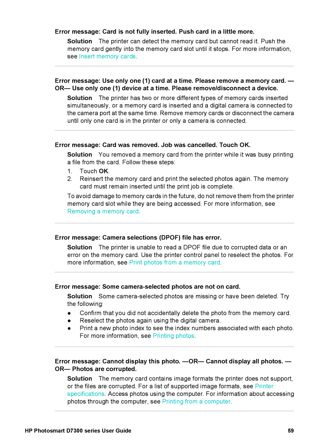 HP D7300 Error message Card was removed. Job was cancelled. Touch OK, Error message Camera selections Dpof file has error 