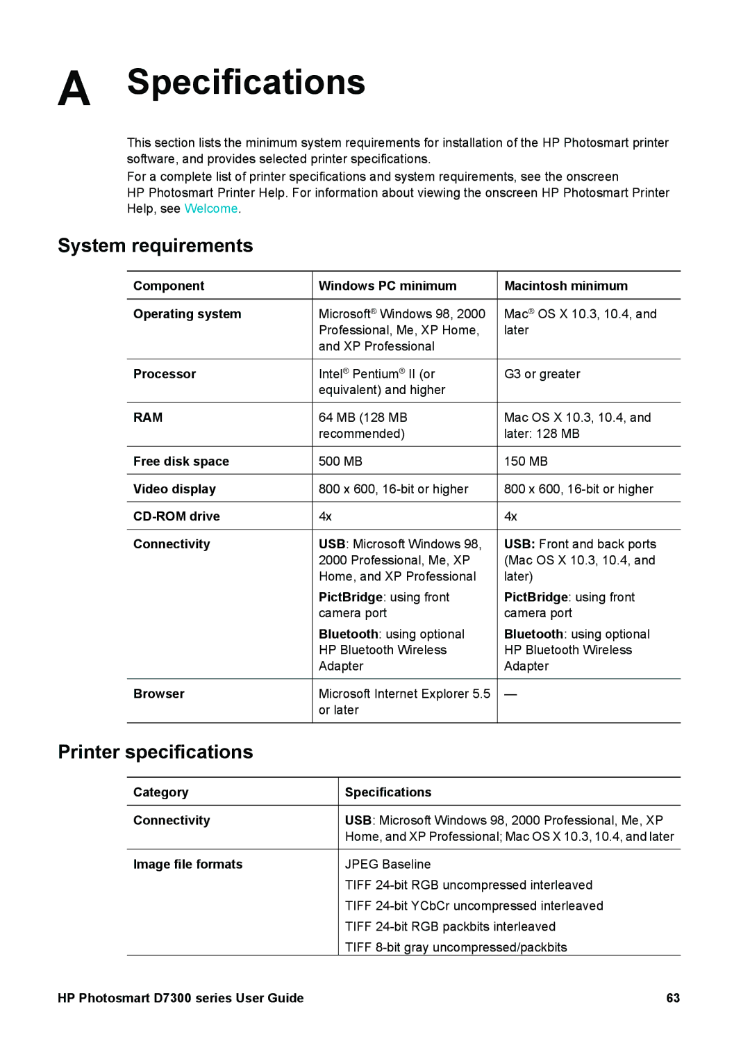 HP D7300 manual Specifications, System requirements 