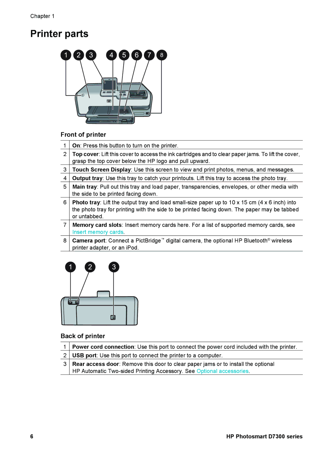 HP D7300 manual Printer parts, Front of printer, Back of printer 