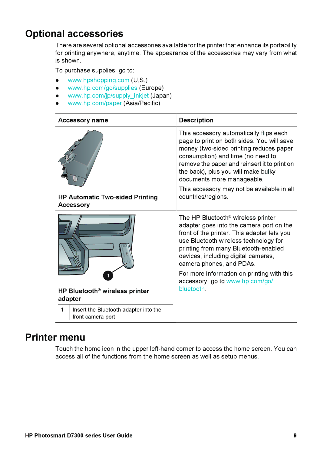 HP D7300 manual Optional accessories, Printer menu 