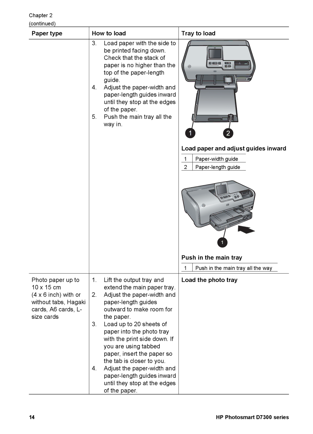 HP D7300 manual Load paper and adjust guides inward, Push in the main tray, Load the photo tray 