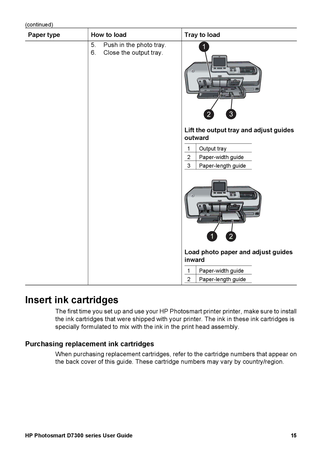 HP D7300 manual Insert ink cartridges, Purchasing replacement ink cartridges, Paper type How to load 