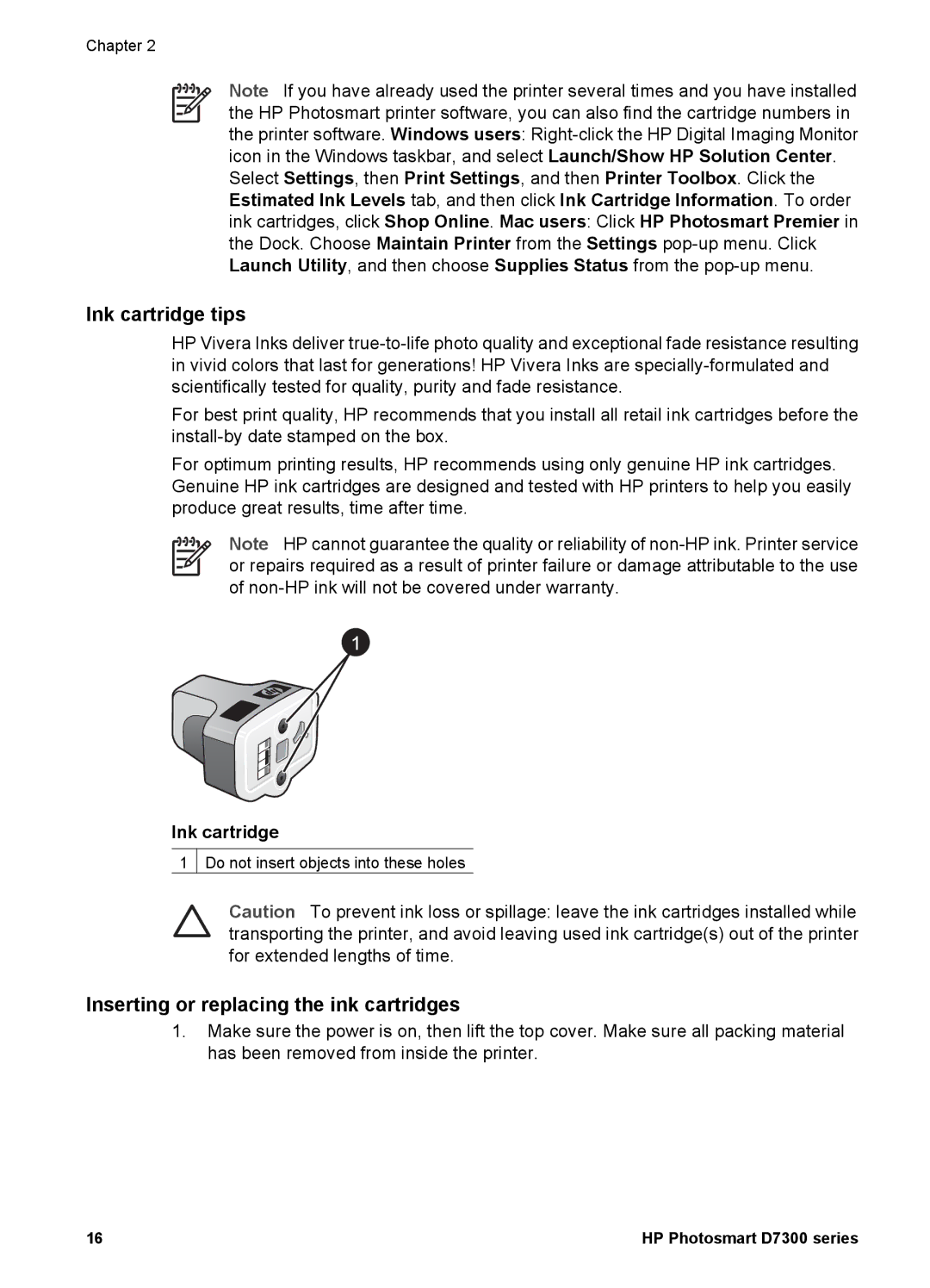 HP D7300 manual Ink cartridge tips, Inserting or replacing the ink cartridges 