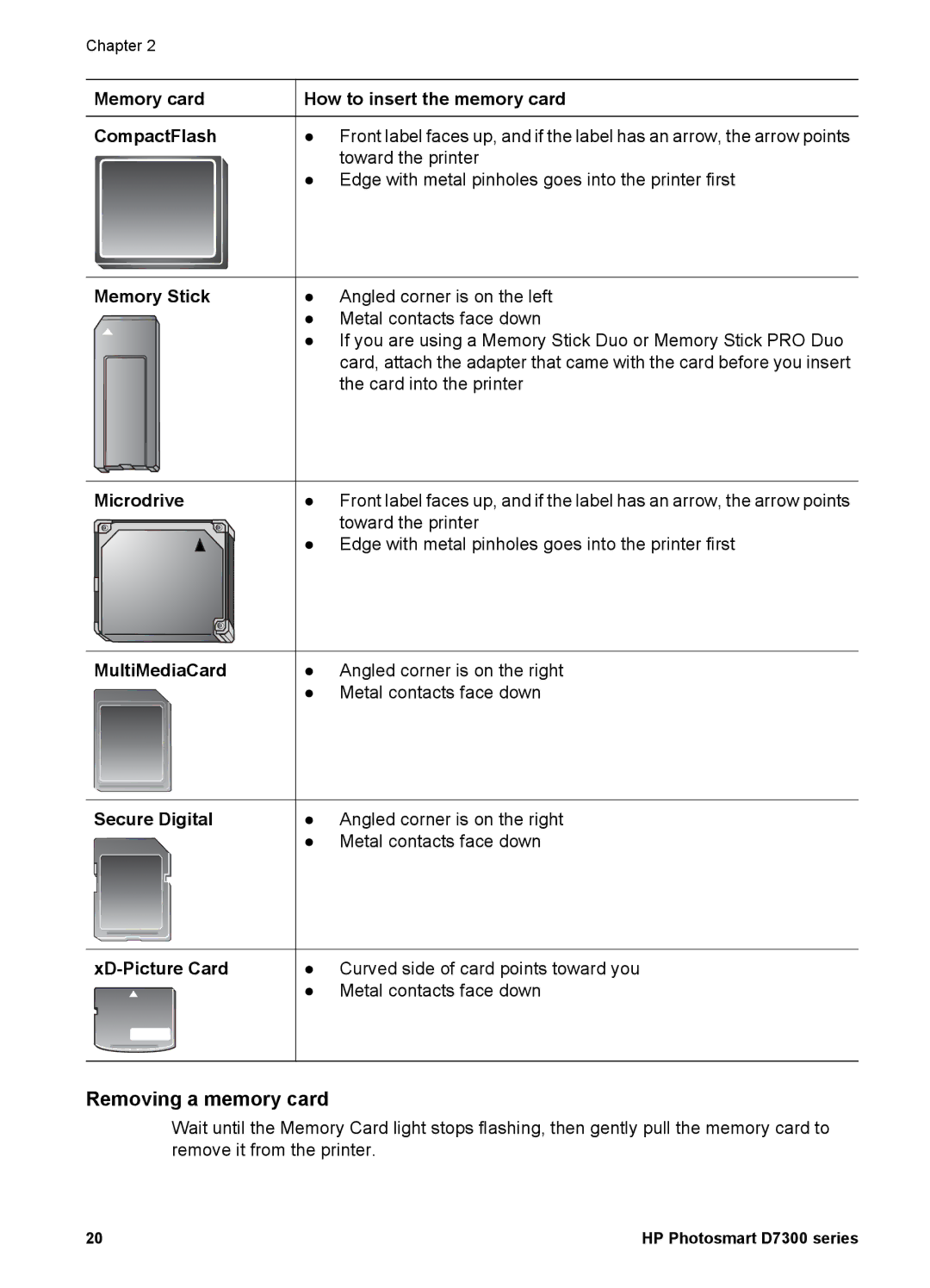 HP D7300 manual Removing a memory card 