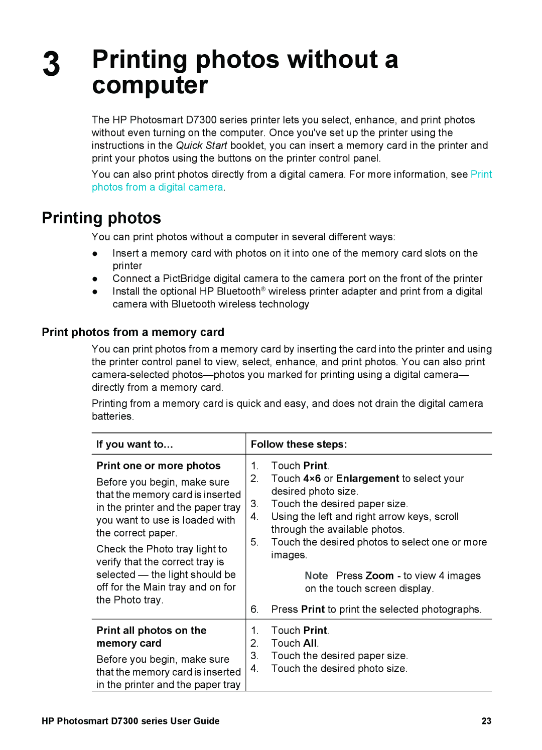 HP D7300 manual Printing photos without a, Computer, Print photos from a memory card 