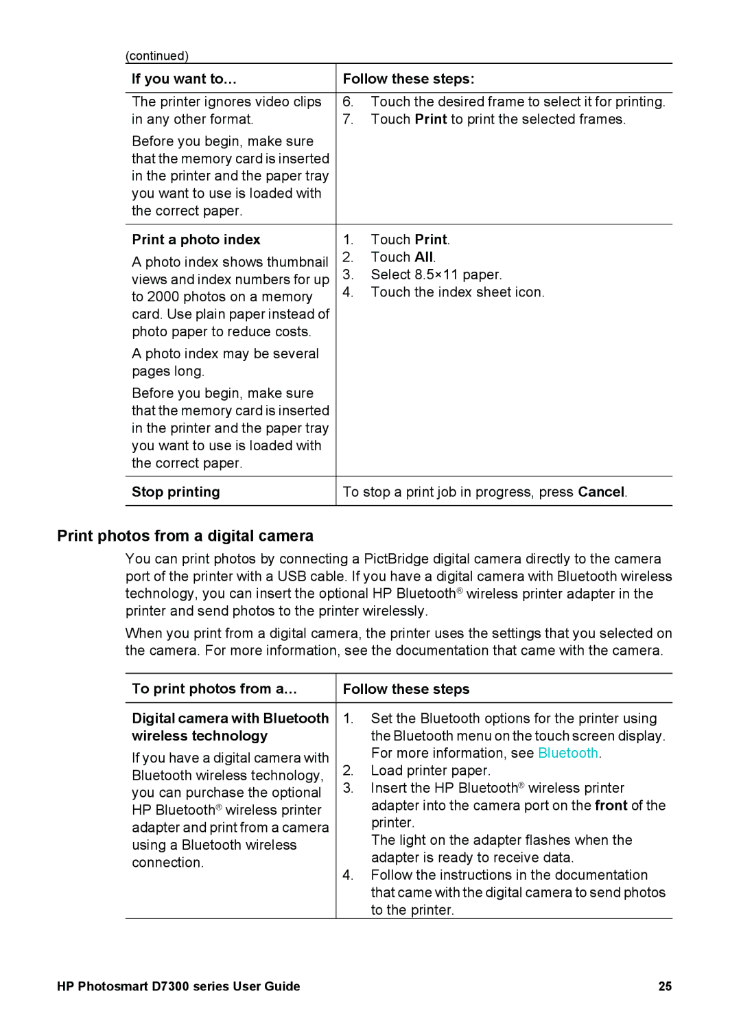 HP D7300 manual Print photos from a digital camera, Print a photo index, Stop printing Follow these steps 