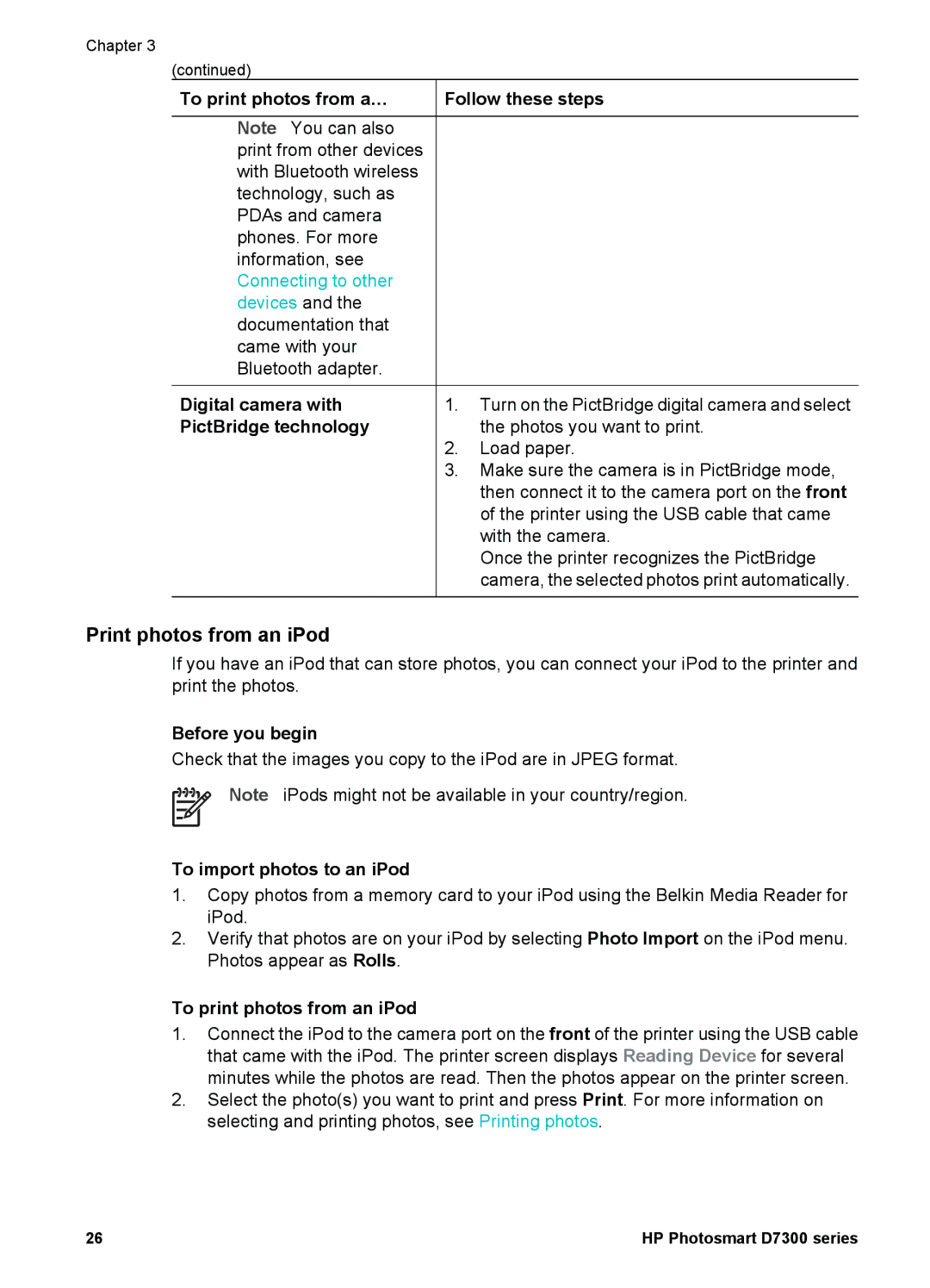 HP D7300 manual Print photos from an iPod, Before you begin, To import photos to an iPod, To print photos from an iPod 