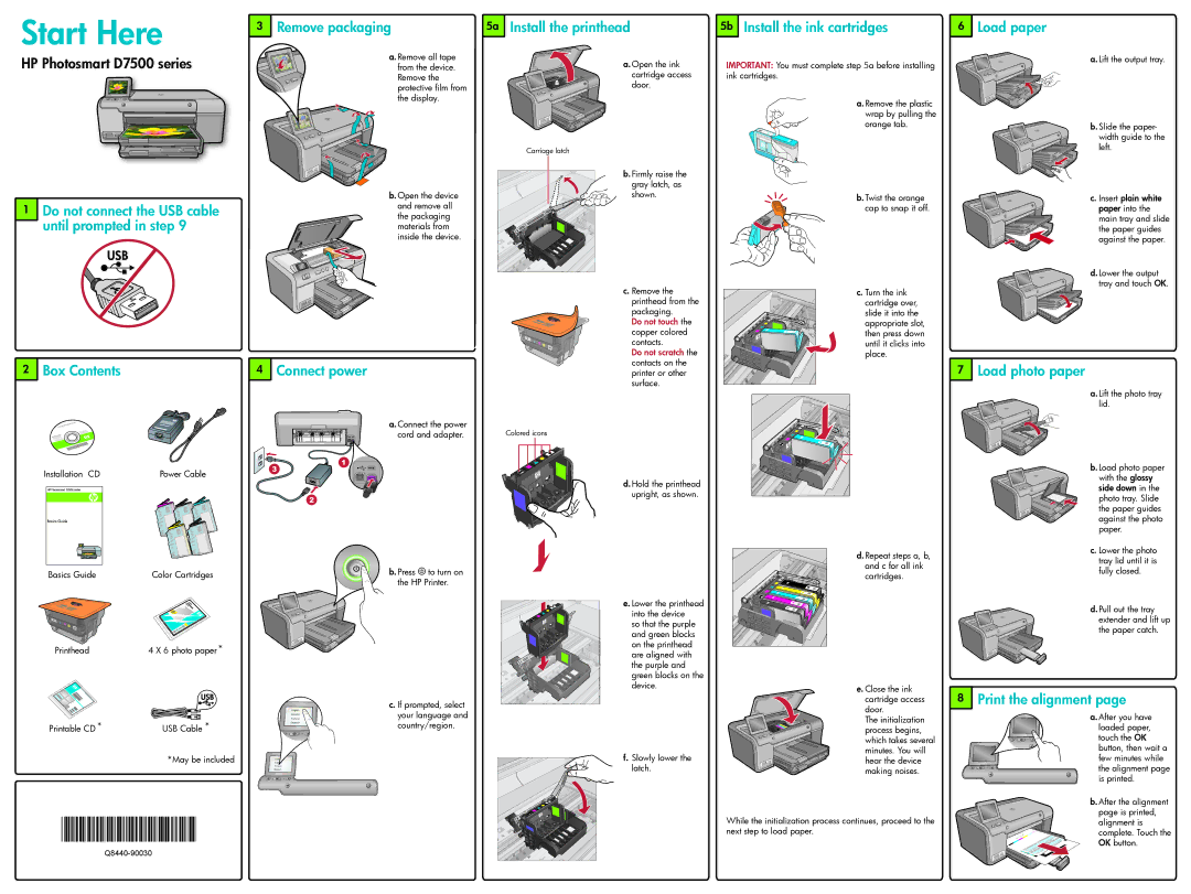 HP D7500 manual Remove packaging 5a Install the printhead, 5b Install the ink cartridges, Load paper, Box Contents 