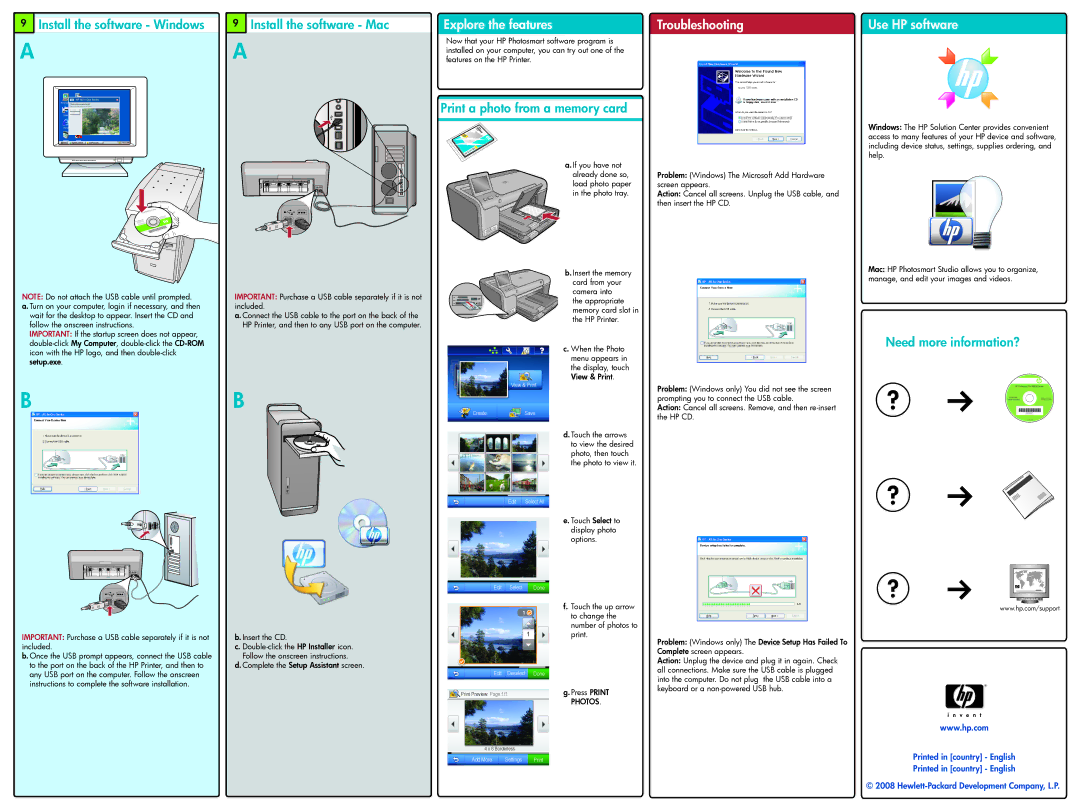 HP D7500 Install the software Windows Install the software Mac, Explore the features, Print a photo from a memory card 