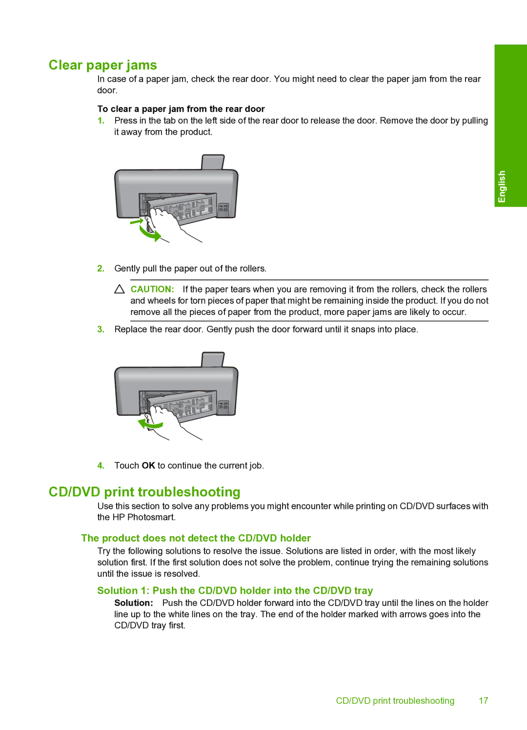 HP D7560 manual Clear paper jams, CD/DVD print troubleshooting, Product does not detect the CD/DVD holder 