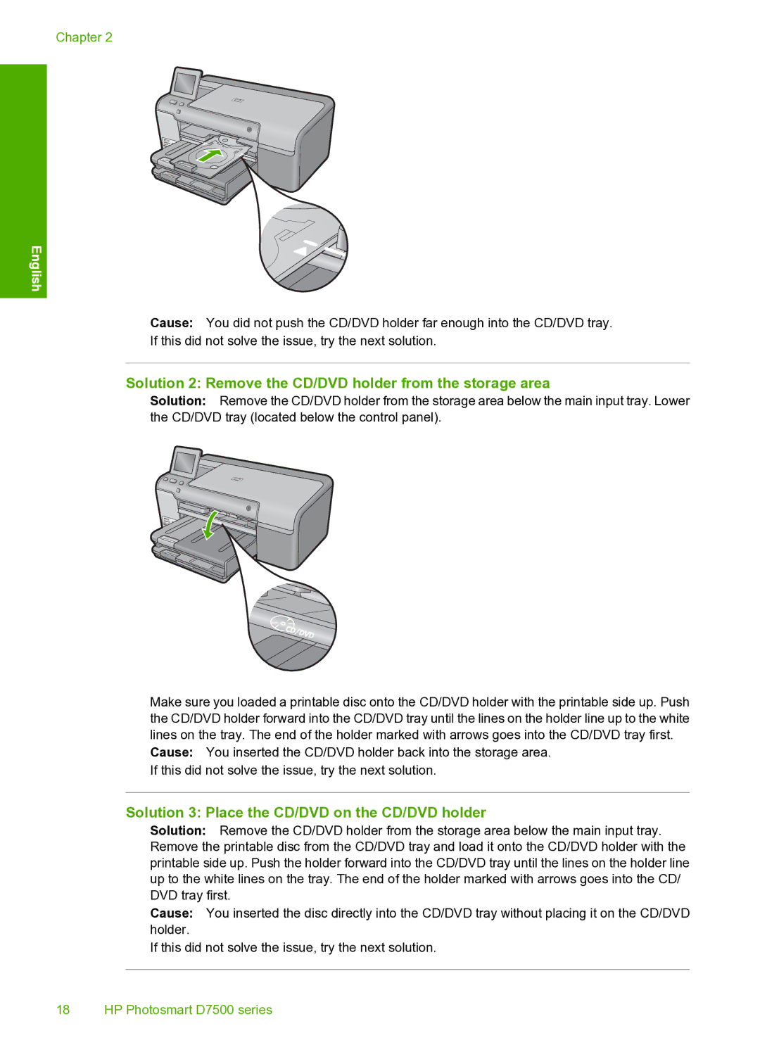 HP D7560 manual Solution 2 Remove the CD/DVD holder from the storage area, Solution 3 Place the CD/DVD on the CD/DVD holder 