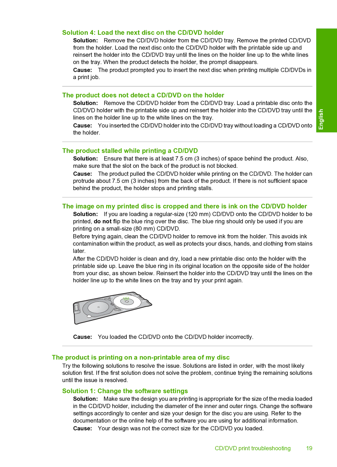 HP D7560 manual Solution 4 Load the next disc on the CD/DVD holder, Product does not detect a CD/DVD on the holder 