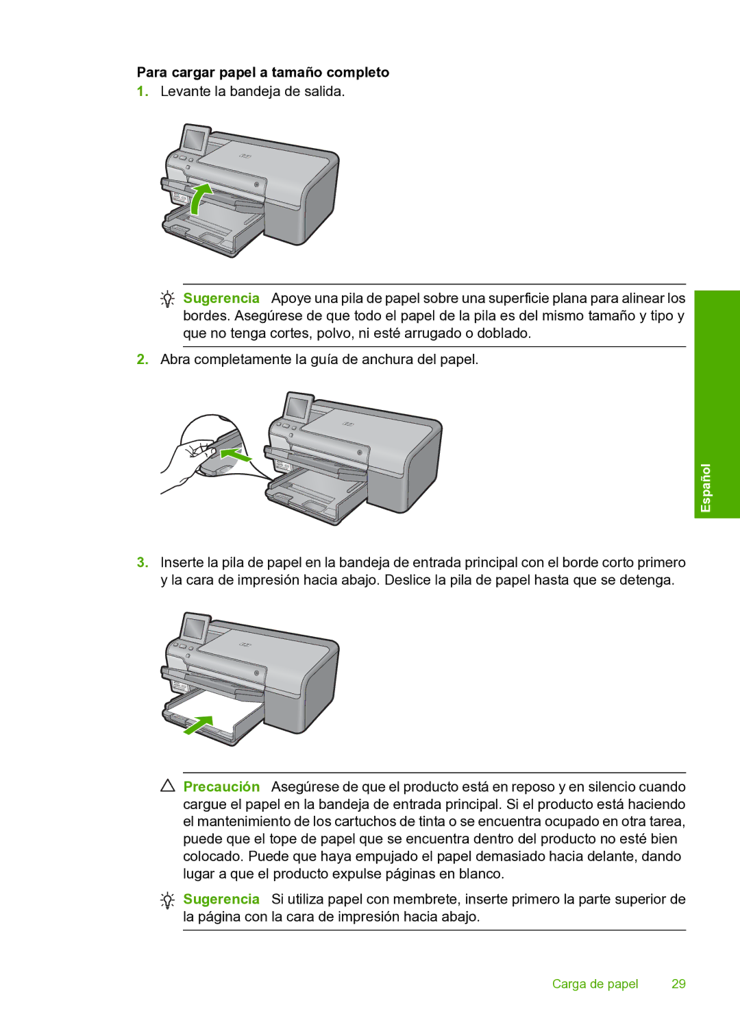 HP D7560 manual Para cargar papel a tamaño completo 