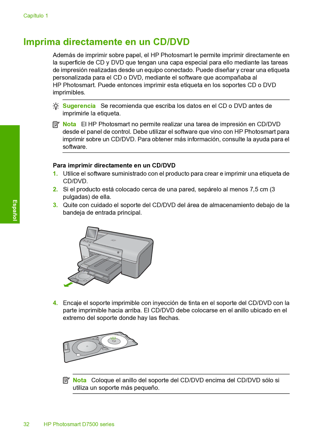 HP D7560 manual Imprima directamente en un CD/DVD, Para imprimir directamente en un CD/DVD 