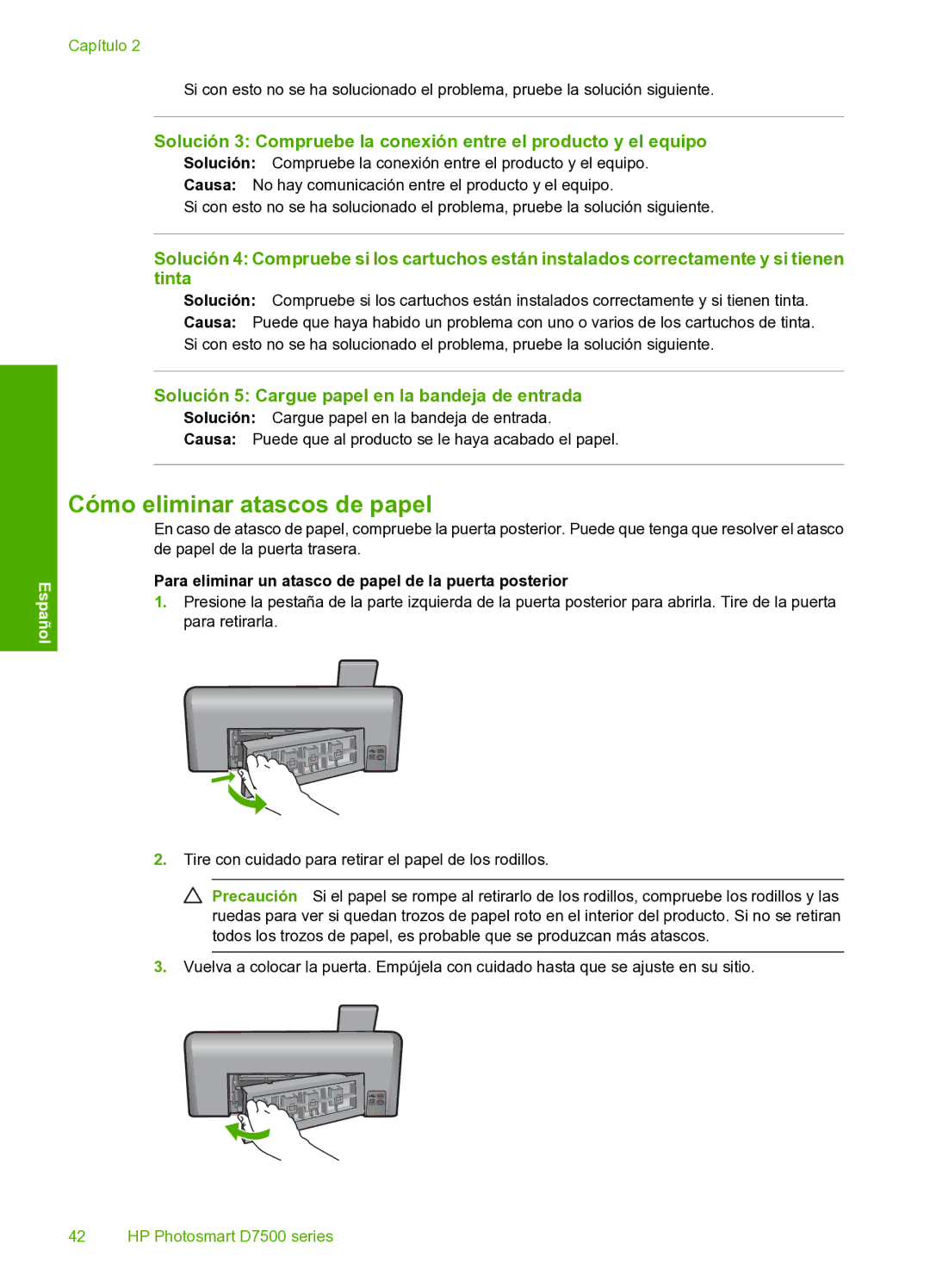 HP D7560 manual Cómo eliminar atascos de papel, Solución 5 Cargue papel en la bandeja de entrada 